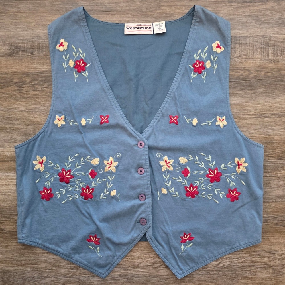Vintage Westbound Blue Floral Embroidered Vest Women Cottagecore XL <3